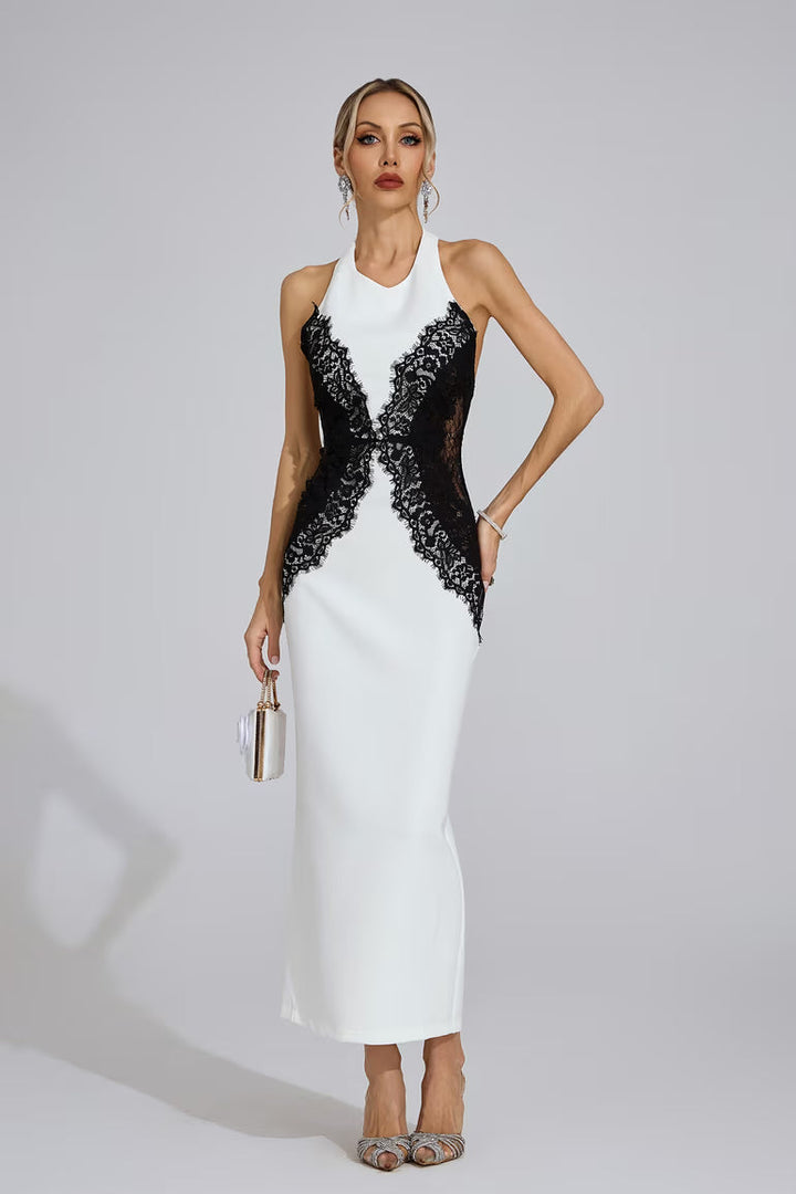 YLVA | Maxikleid mit Halterneck und Kontrastspitze