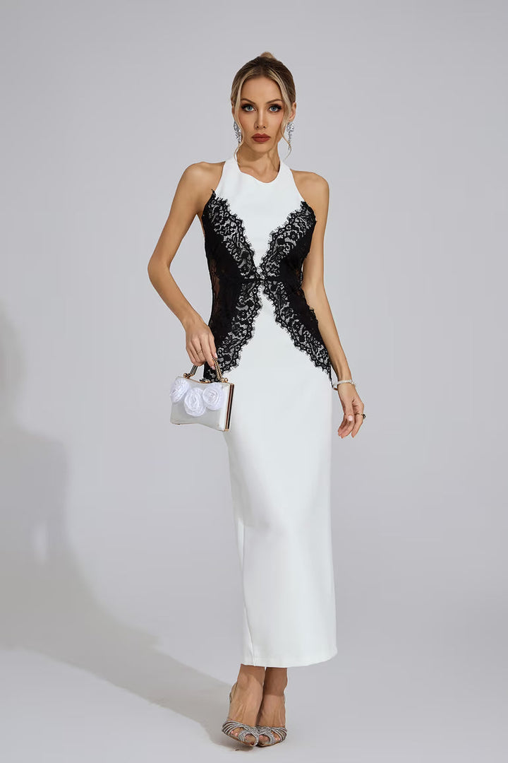 YLVA | Maxikleid mit Halterneck und Kontrastspitze